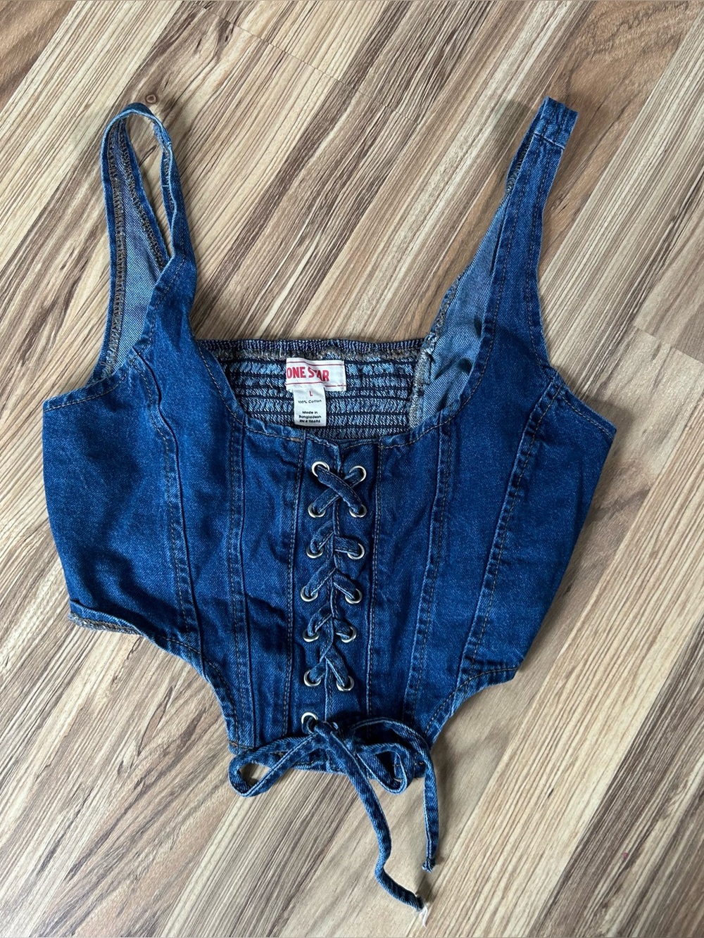 Lone Star Denim Corset Top Womens L Blue Lace Up Front Smocked Western Cowgirl